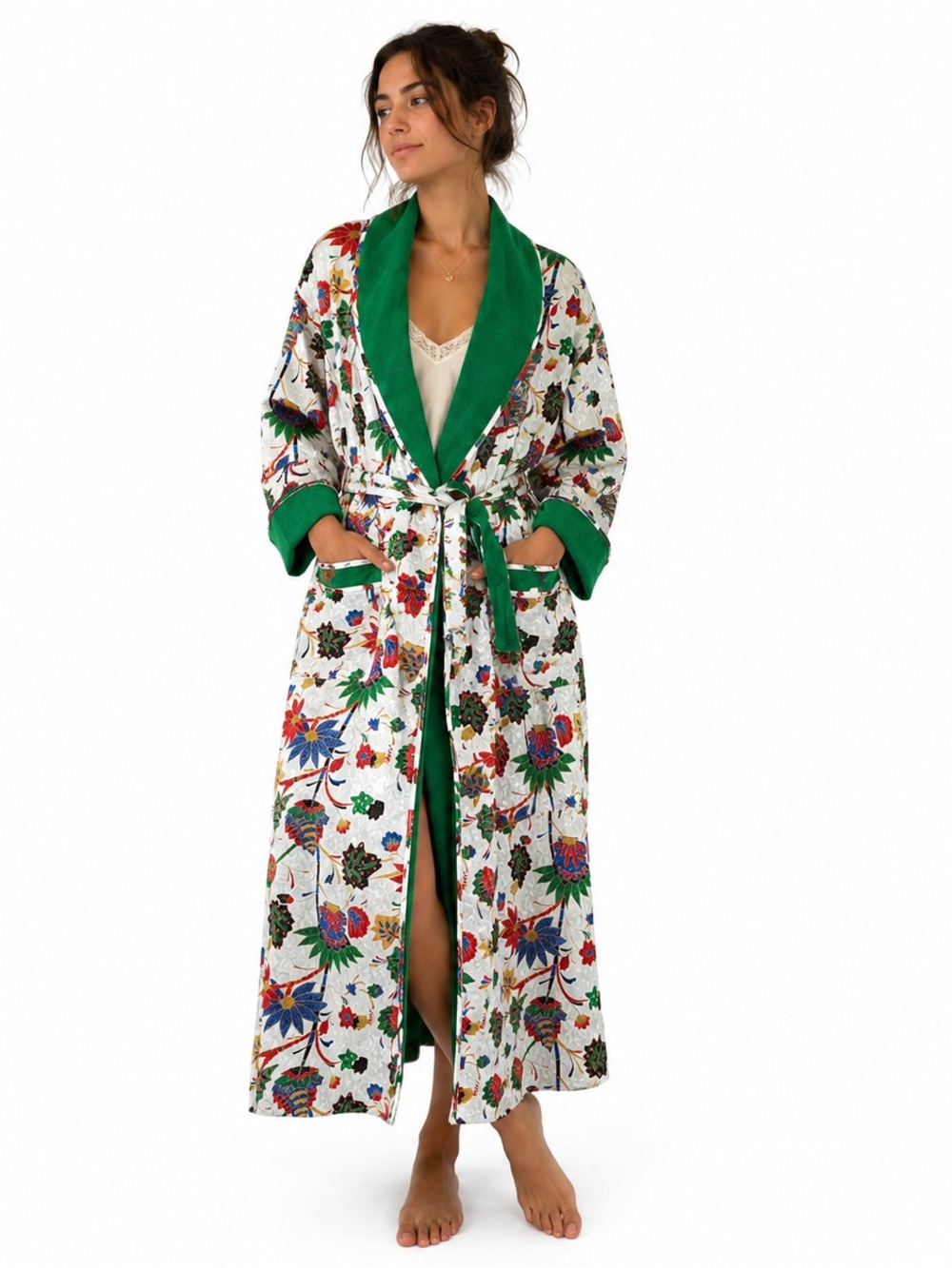 Vintage CYPRESS Floral Jacquard Robe Green Terry Cloth Lounge S Cottagecore Boho